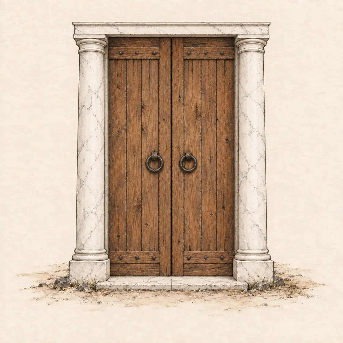 Puerta de madera de dos hojas en un portal de mármol blanco con dos columnas; abierta, da al mar al atardecer, con el sol sobre el horizonte y dos ángeles entre las nubes